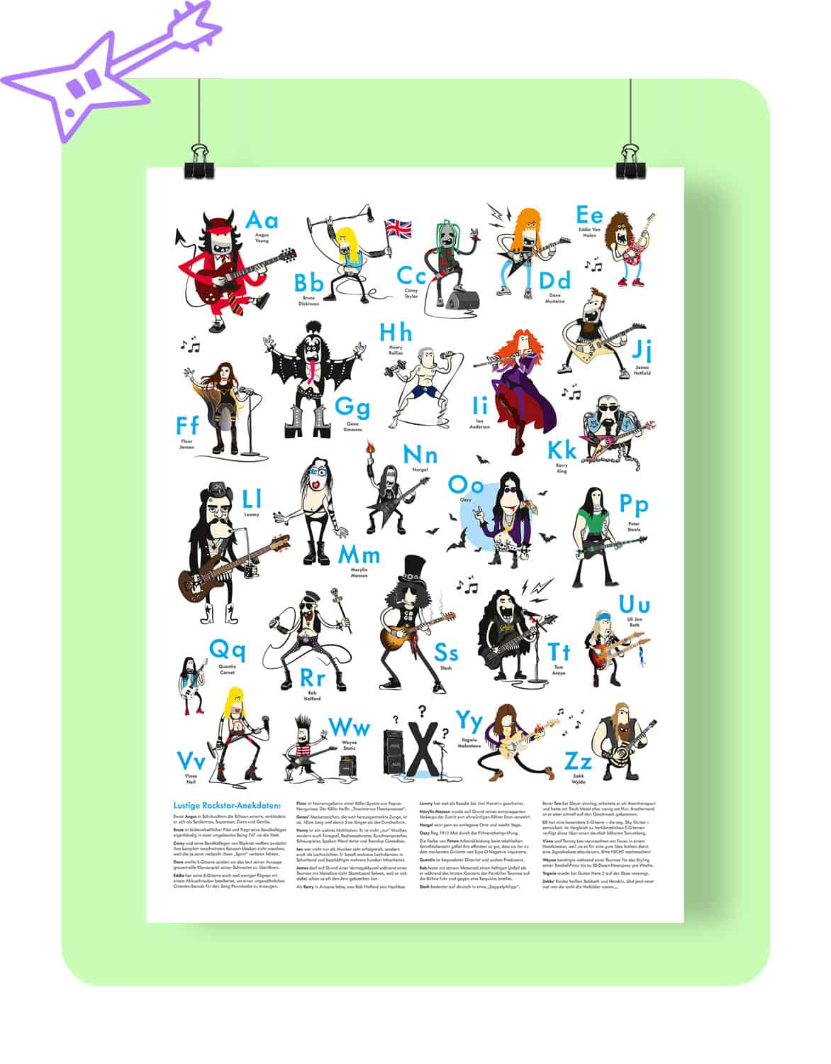 ABC-Poster mit lustigen Illustrationen deiner Lieblingsrocker von A bis Z. Unter anderem mit Angus Young, James Hetfield, Lemmy Kilmister, Ozzy Osbourne, Slash, Tom Araya und vielen mehr.